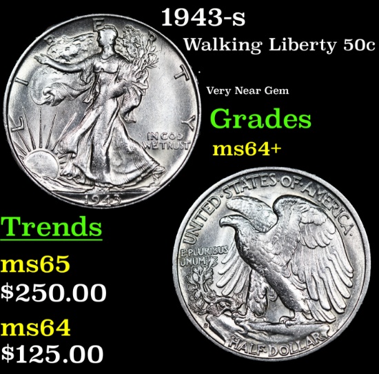 1943-s Walking Liberty Half Dollar 50c Grades Choice+ Unc