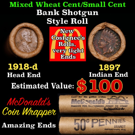 Small Cent Mixed Roll Orig Brandt McDonalds Wrapper, 1918-d Lincoln Wheat end, 1897 Indian other end