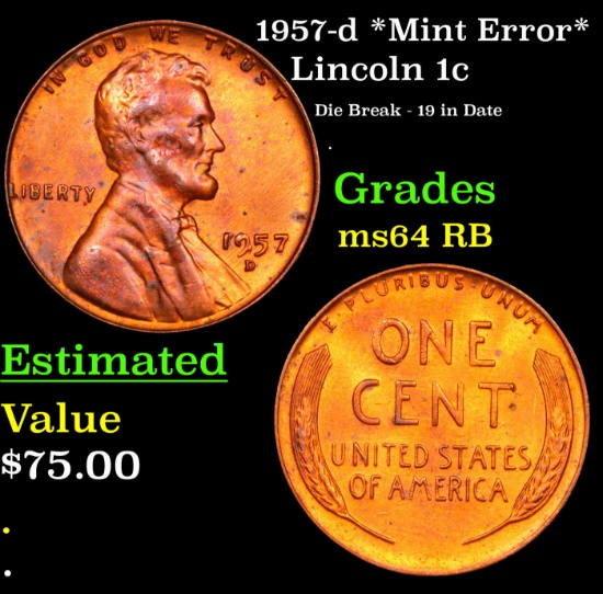1957-d Lincoln Cent *Mint Error* 1c Grades Choice Unc RB