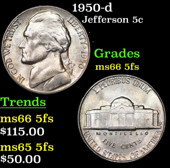 1950-d Jefferson Nickel 5c Grades GEM+ 5fs