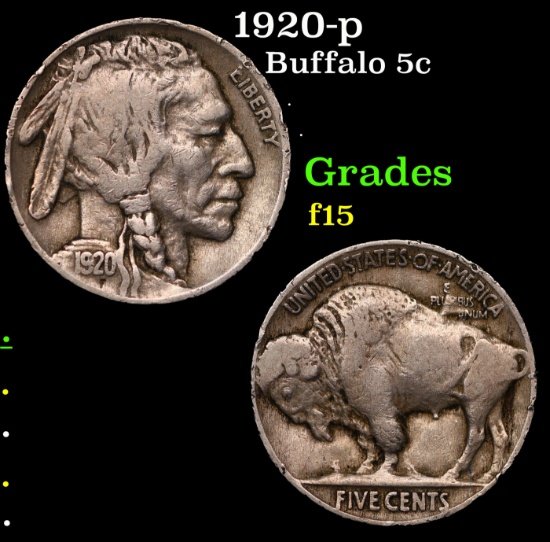 1920-p Buffalo Nickel 5c Grades f+