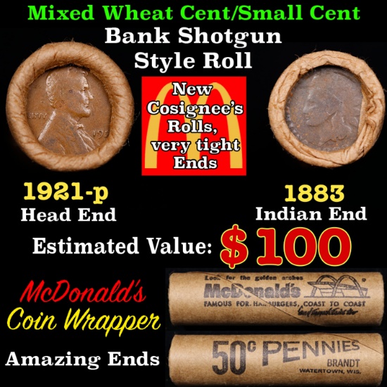 Small Cent Mixed Roll Orig Brandt McDonalds Wrapper, 1921-p Lincoln Wheat end, 1883 Indian other end