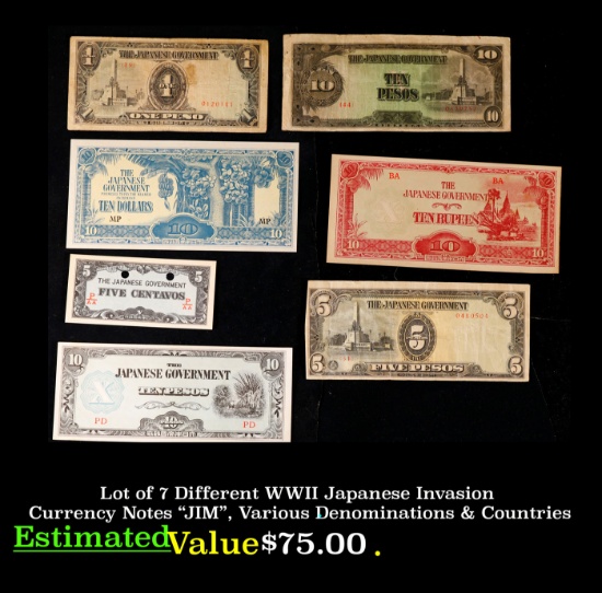 Lot of 5 Different WWII Japanese Invasion Currency Notes "JIM", Various Denominations & Countries