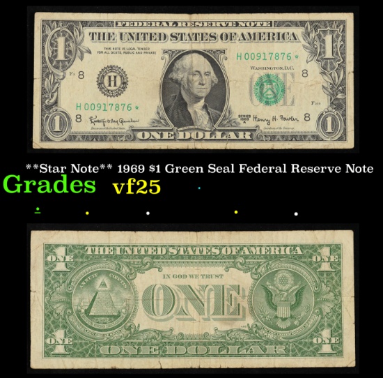**Star Note** 1969 $1 Green Seal Federal Reserve Note Grades vf+