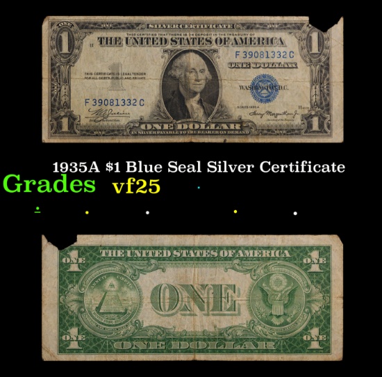 1935A $1 Blue Seal Silver Certificate Grades vf+ | Coins & Currency ...