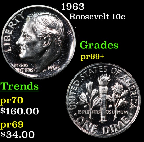 Proof 1963 Roosevelt Dime 10c Grades GEM++ Proof