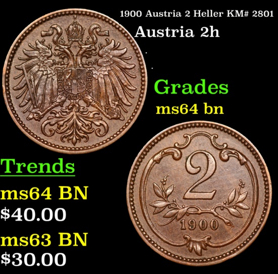 1900 Austria 2 Heller KM# 2801 Grades Choice Unc BN