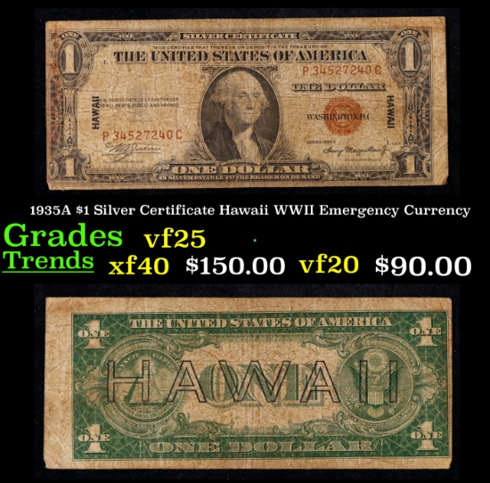 1935A $1 Silver Certificate Hawaii WWII Emergency Currency Grades vf+