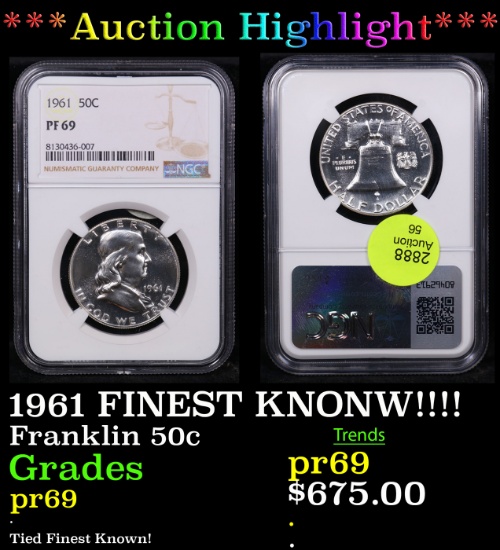 Proof ***Auction Highlight*** NGC 1961 Franklin Half Dollar FINEST KNONW!!!! 50c Graded pr69 By NGC