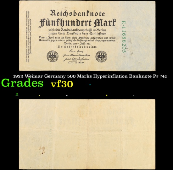 1922 Weimar Germany 500 Marks Hyperinflation Banknote P# 74c vf++