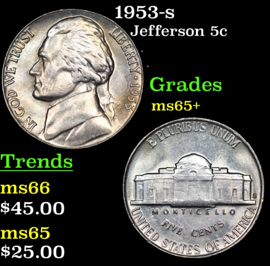 1953-s Jefferson Nickel 5c Grades GEM+ Unc