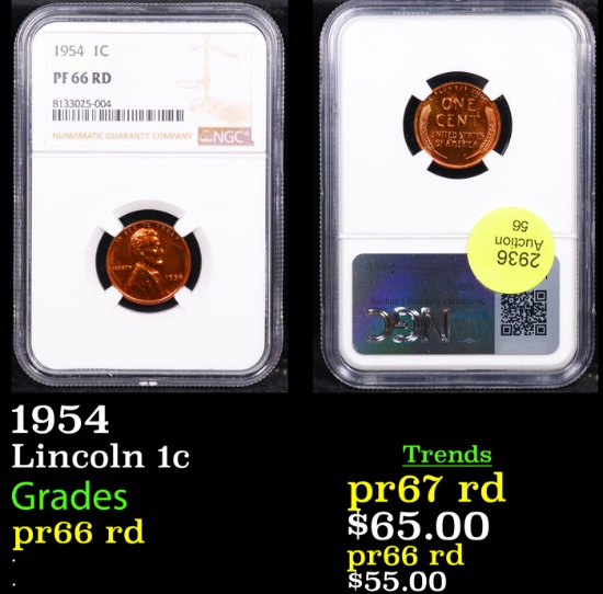 Proof NGC 1954 Lincoln Cent 1c Graded pr66 rd By NGC