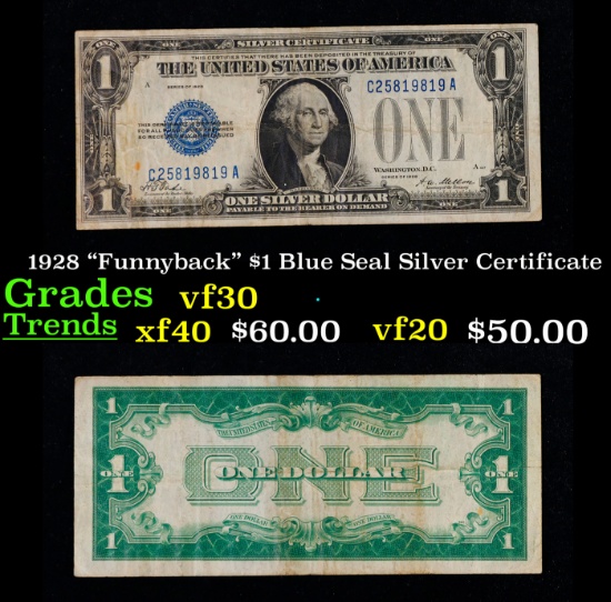 1928 "Funnyback" $1 Blue Seal Silver Certificate Grades vf++