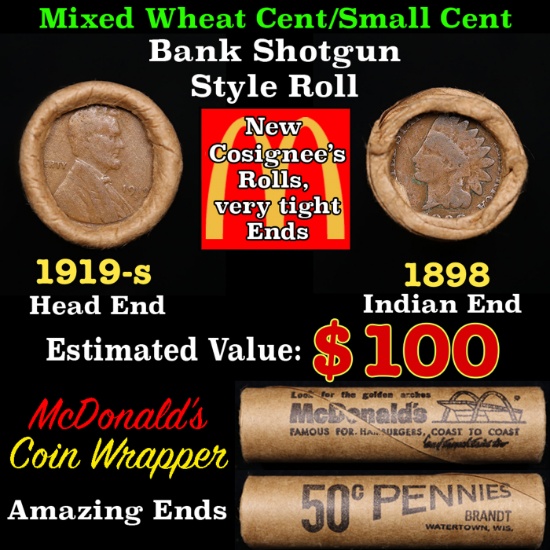 Lincoln Wheat Cent 1c Mixed Roll Orig Brandt McDonalds Wrapper, 1919-s end, 1898 Indian other end