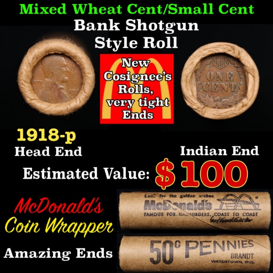 Small Cent Mixed Roll Orig Brandt McDonalds Wrapper, 1918-p Lincoln Wheat end, Indian other end, 50c