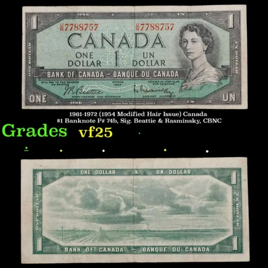 1961-1972 (1954 Modified Hair Issue) Canada $1 Banknote P# 74b, Sig. Beattie & Rasminsky, CBNC Grade