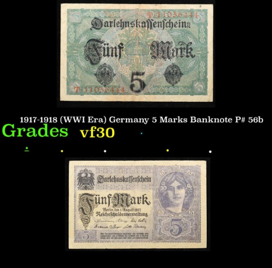 1917-1918 (WWI Era) Germany 5 Marks Banknote P# 56b Grades vf++