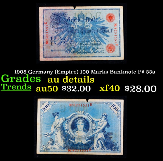 1908 Germany (Empire) 100 Marks Banknote P# 33a Grades AU Details