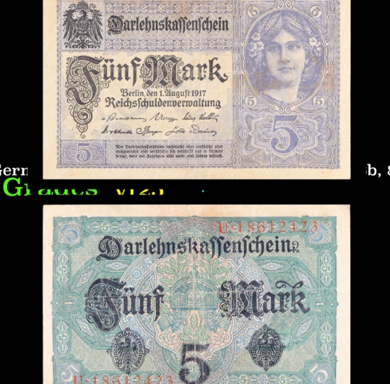 1917-1918 Germany (WWI Era) 5 Marks Banknote P# 56b, 8 digit serial Grades vf+