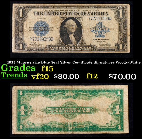 1923 $1 large size Blue Seal Silver Certificate Grades f+ Signatures Woods/White