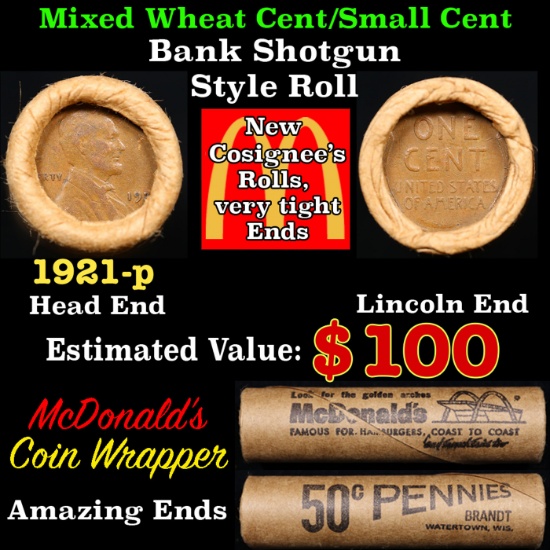 Lincoln Wheat Cent 1c Mixed Roll Orig Brandt McDonalds Wrapper, 1921-p end, Wheat other end