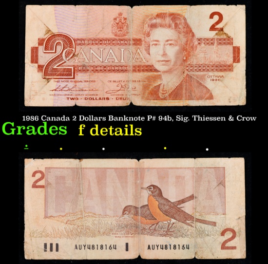 1986 Canada 2 Dollars Banknote P# 94b, Sig. Thiessen & Crow Grades f details