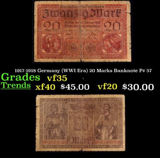 1917-1918 Germany (WWI Era) 20 Marks Banknote P# 57 Grades vf++
