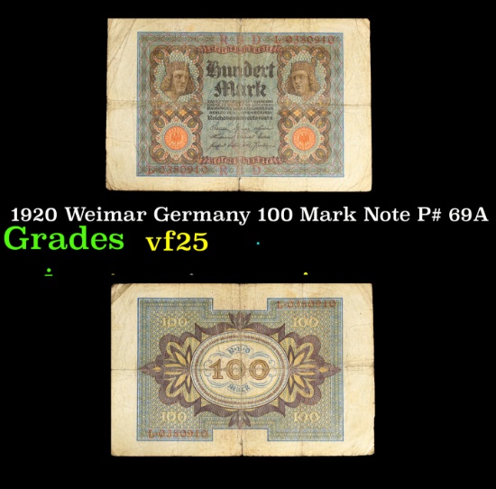 1920 Weimar Germany 100 Mark Note P# 69A Grades vf+