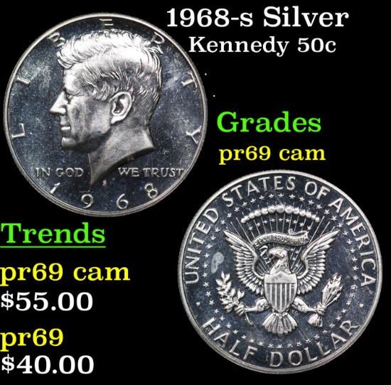 Proof 1968-s Kennedy Half Dollar Silver 50c Grades GEM++ Proof Cameo