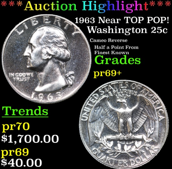 Proof ***Auction Highlight*** 1963 Washington Quarter Near TOP POP! 25c Graded pr69+ BY SEGS (fc)