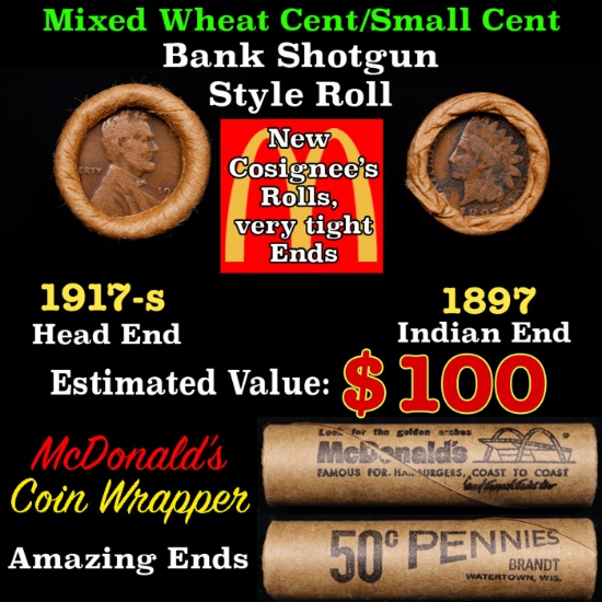 Small Cent Mixed Roll Orig Brandt McDonalds Wrapper, 1917-s Lincoln Wheat end, 1897 Indian other end