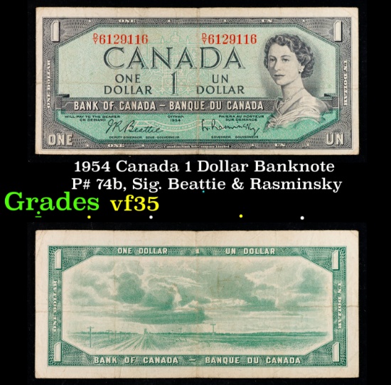 1954 Canada 1 Dollar Banknote P# 74b, Sig. Beattie & Rasminsky Grades vf++