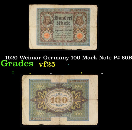 1920 Weimar Germany 100 Mark Note P# 69B Grades vf+