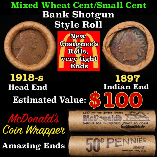 Small Cent Mixed Roll Orig Brandt McDonalds Wrapper, 1918-s Lincoln Wheat end, 1897 Indian other end