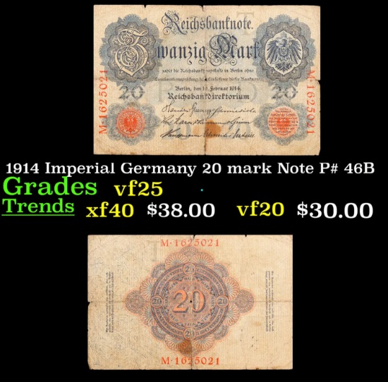 1914 Imperial Germany 20 mark Note P# 46B Grades vf+