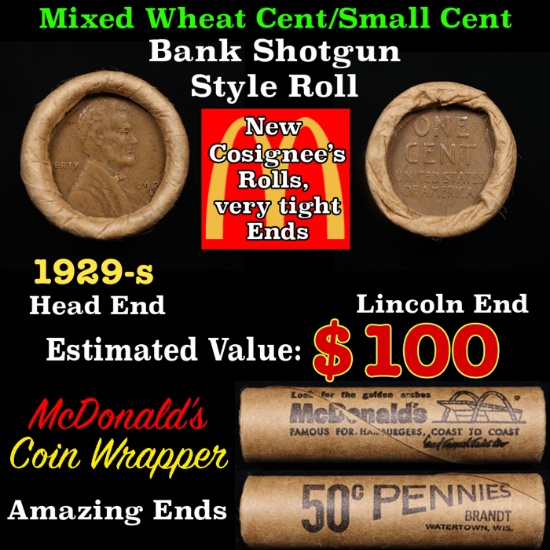 Lincoln Wheat Cent 1c Mixed Roll Orig Brandt McDonalds Wrapper, 1929-s end, Wheat other end