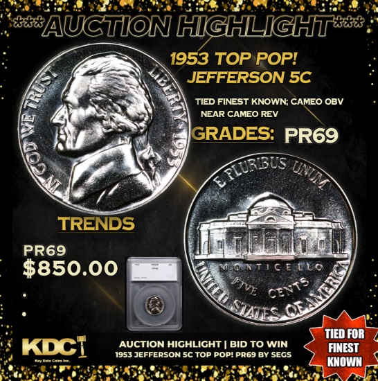 Proof ***Auction Highlight*** 1953 Jefferson Nickel TOP POP! 5c Graded pr69 BY SEGS (fc)
