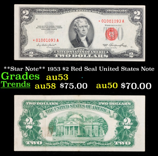 **Star Note** 1953 $2 Red Seal United States Note Grades Select AU