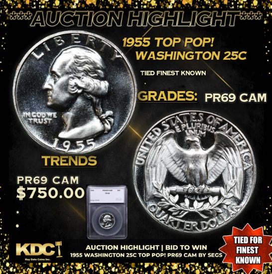 Proof ***Auction Highlight*** 1955 Washington Quarter TOP POP! 25c Graded pr69 cam BY SEGS (fc)