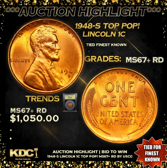 ***Auction Highlight*** 1948-s Lincoln Cent TOP POP! 1c Graded GEM++ RD BY USCG (fc)