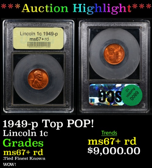 ***Auction Highlight*** 1949-p Lincoln Cent TOP POP! 1c Graded GEM++ RD By USCG (fc)