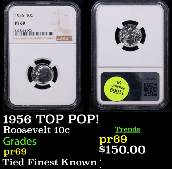 Proof NGC 1956 Roosevelt Dime 10c Graded pr69 By NGC