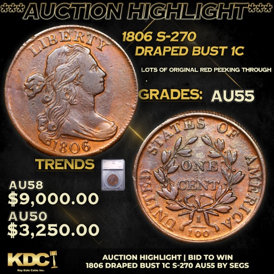 ***Auction Highlight*** 1806 Draped Bust Large Cent S-270 1c Graded au55 By SEGS (fc)