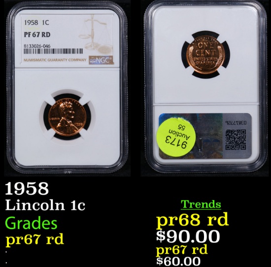 Proof NGC 1958 Lincoln Cent 1c Graded pr67 rd By NGC