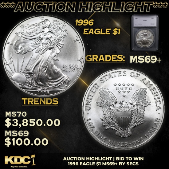 ***Auction Highlight*** 1996 Silver Eagle Dollar $1 Graded ms69+ By SEGS (fc)