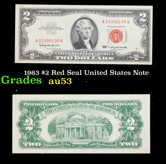 1963 $2 Red Seal United States Note Grades Select AU