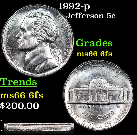 1992-p Jefferson Nickel 5c Grades GEM+ 6fs