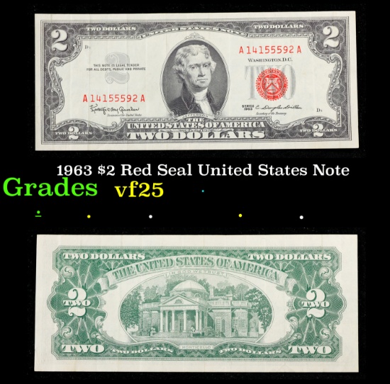 1963 $2 Red Seal United States Note Grades vf+