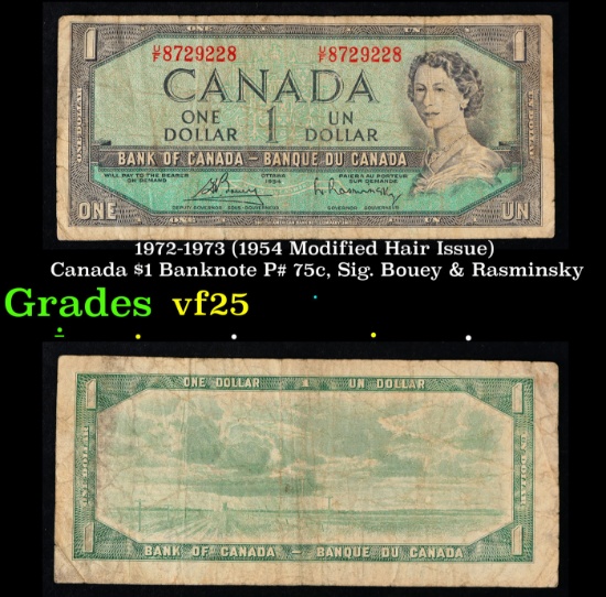 1972-1973 (1954 Modified Hair Issue) Canada $1 Banknote P# 75c, Sig. Bouey & Rasminsky Grades vf+