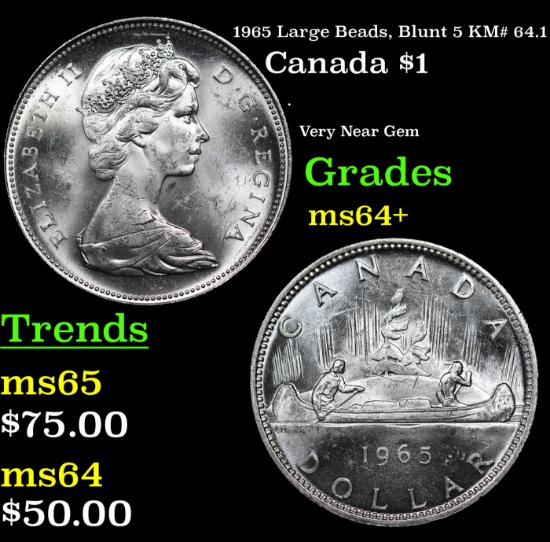 1965 Large Beads, Blunt 5 Canada Dollar KM# 64.1 1 Grades Choice+ Unc